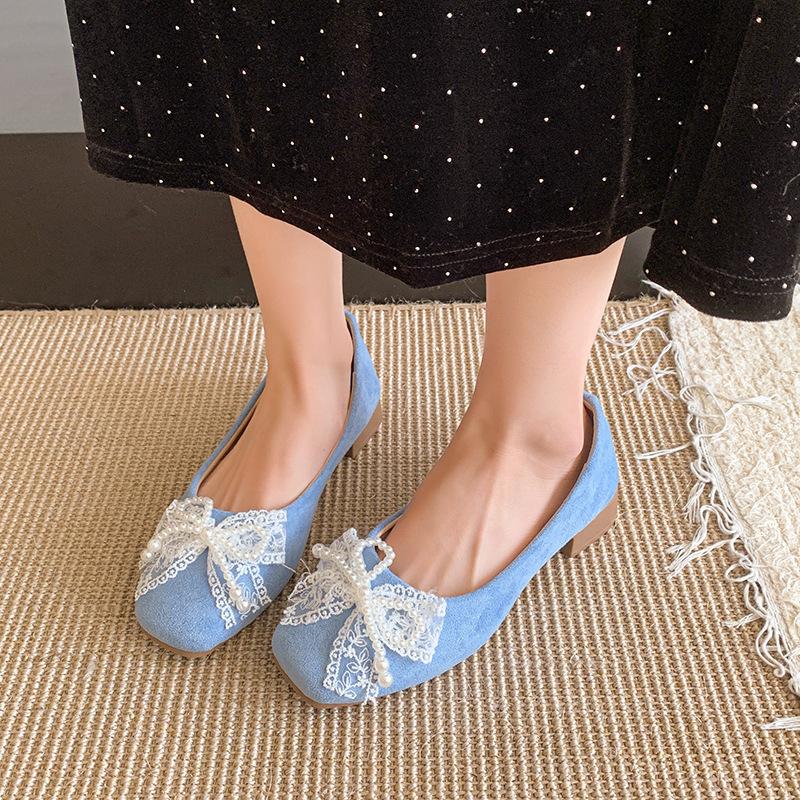 Square head single shoes women's summer new Doudou shoes pearl flat bottom shallow mouth versatile evening gentle laden shoes