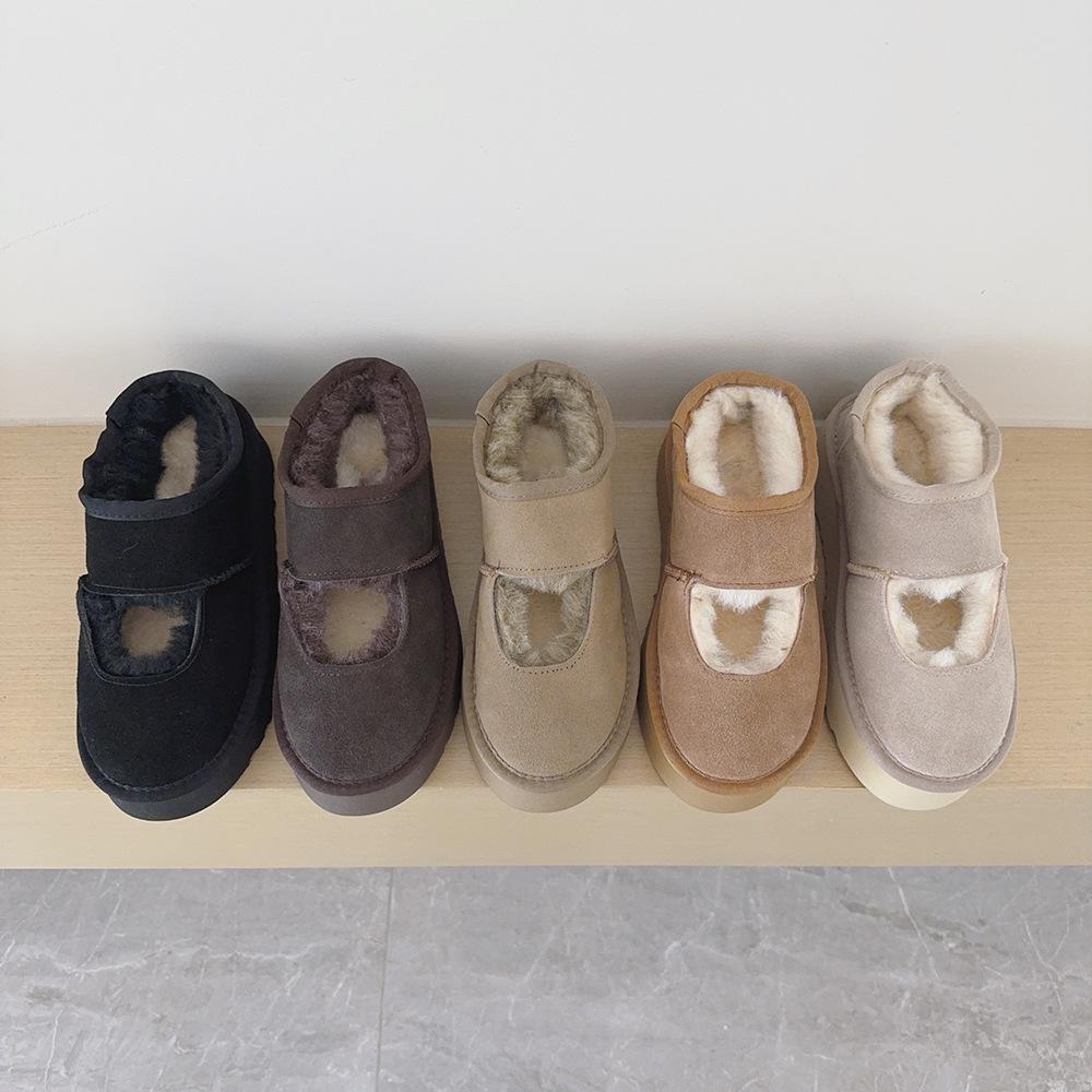 Cowhide Velvet-Lined Women's Winter Mary Janes with Thick Soles