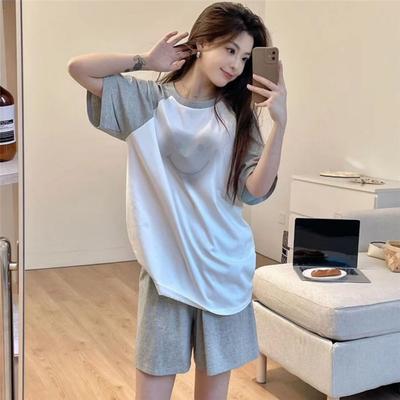New Summer Color-blocking Short-sleeved Pajamas Set for Women's Gradient Smiley Face Sweet and Cute Cartoon Thin Style