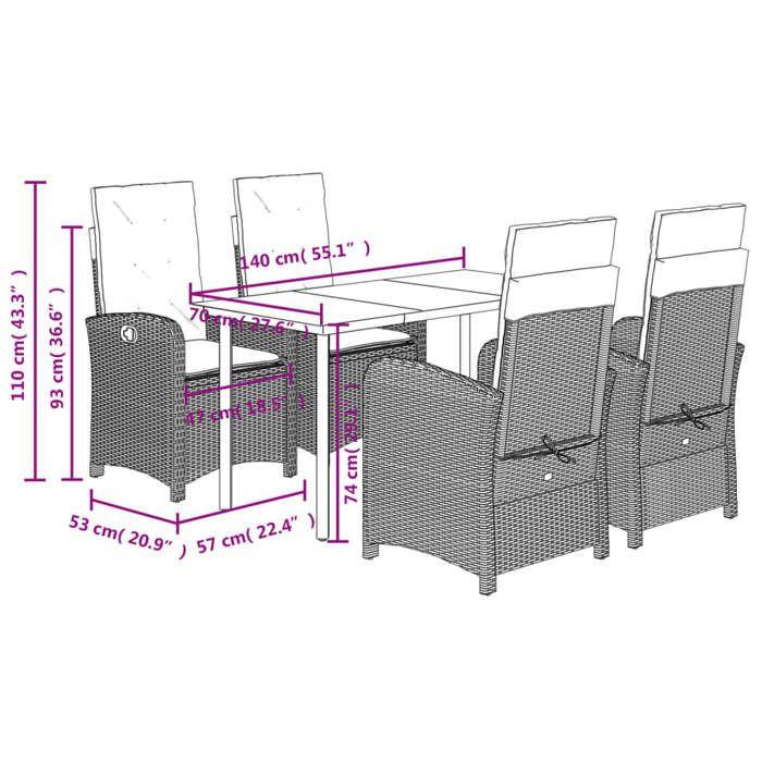 VidaXL Ensemble à Manger de Jardin avec Coussins 5 pcs, Table et Chaises avec Dossier Réglable, Meubles d'Extérieur Patio 3212383