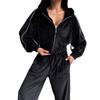 Womens Velvet Tracksuit Set Long Sleeve Hooded Top With Drawstring Wide Leg Pants Streetwear Outfit
