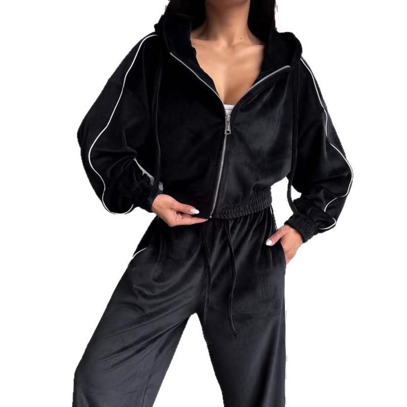 Womens Velvet Tracksuit Set Long Sleeve Hooded Top With Drawstring Wide Leg Pants Streetwear Outfit