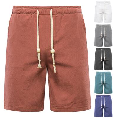 Men's Fashion Casual Color Cotton Linen Shorts Tethered Beach Sports Pants Cotton Linen Shorts