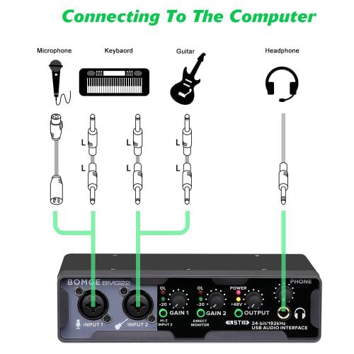 BOMGE USB Audio Interface (24-bit/192 kHz), XLR, Phantom Power, Direct Monitoring, Loopback for PC Recording, Streaming, Guitarists, Vocalists, and Po