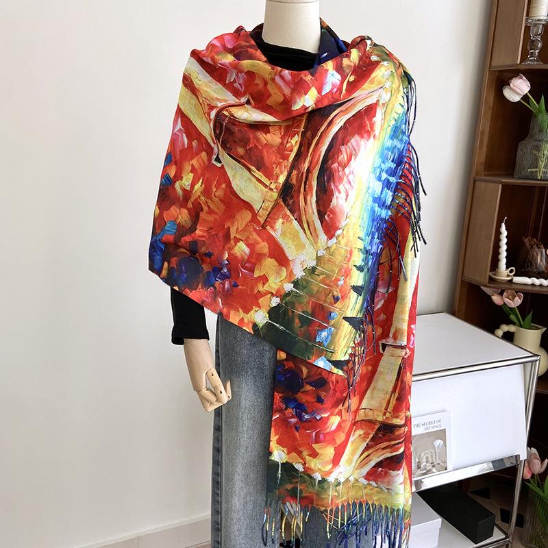 

Женский шарф из искусственного кашемира, двусторонняя шаль с кисточками и цифровой печатью, зимний теплый шарф, длинный шарф в стиле ретро 180 * 68cm