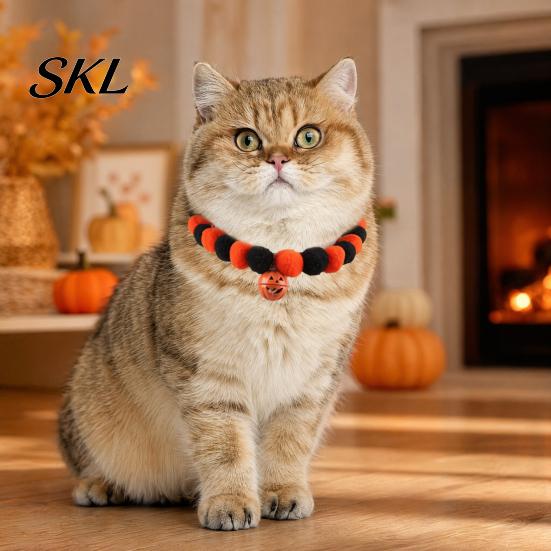 Stretchy Pet Collar Halloween Pom-Pom Collar, Cute Stretch Cat with Pumpkin Festive Bell, Soft Black Orange Pom-Poms for Cats Small Dogs Plush Pom-pom