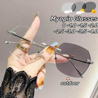 Frameless Photochromic Myopia Glasses Anti-blue Light Ultra-bright Glossy Edge Trendy Eyewear for Near-sightedness
