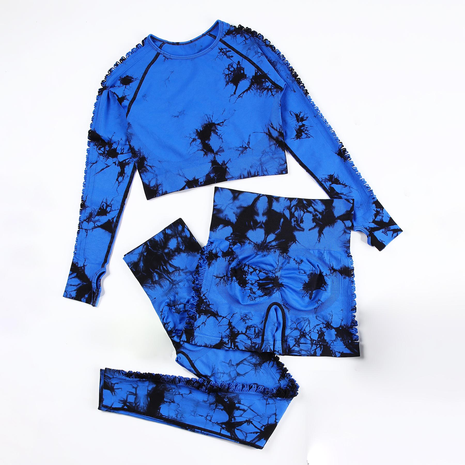 

3 шт. однотонный бесшовный комплект для йоги с круглым вырезом и длинными рукавами, полая футболка и леггинсы с высокой талией, спортивный костюм L королевский синий