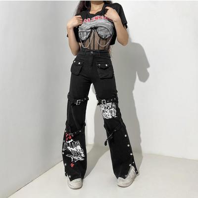 2024 European & American Style Women's Denim Drape Trousers with Printed Metal Buckle