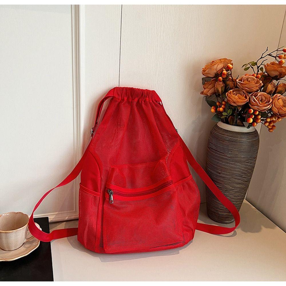 Portable Drawstring Backpack Korean Style Mesh Beach Bag Casual Nylon Backpack Women