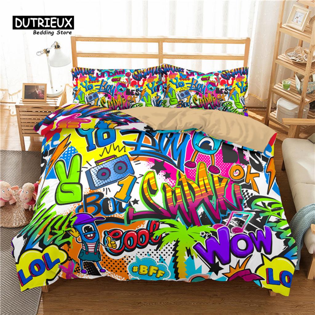 

Комплект постельного белья с городским граффити, блокбастерный стиль, граффити, напыленные перекрывающие друг друга блочные буквы, уличное искусство, комплект постельного белья, наволочки EU single(135x200cm)