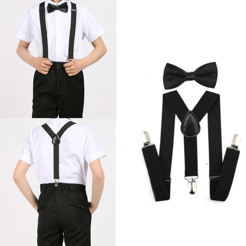 Boys Girls Kids Adjustable Elastic Y-Back Braces Baby Suspenders Set Bow Tie Butterfly NeckTie Weddi