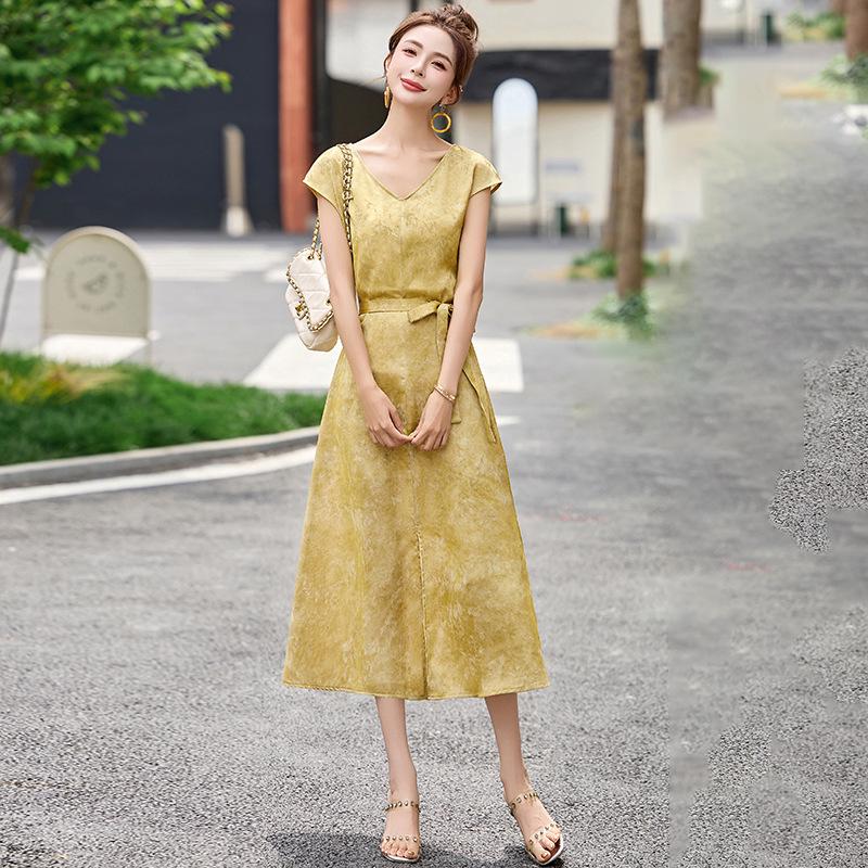 

2025 Summer Women s Silk Jacquard Floral Slim Fit Mid-Length Tie-Belt Dress XXL (125-135 lbs) імбирний/жовтий