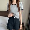 Color Blocking Round Neck Short Sleeved T-shirt for Women's Summer Base Slim Fit Short Student Top Trend Shirt
