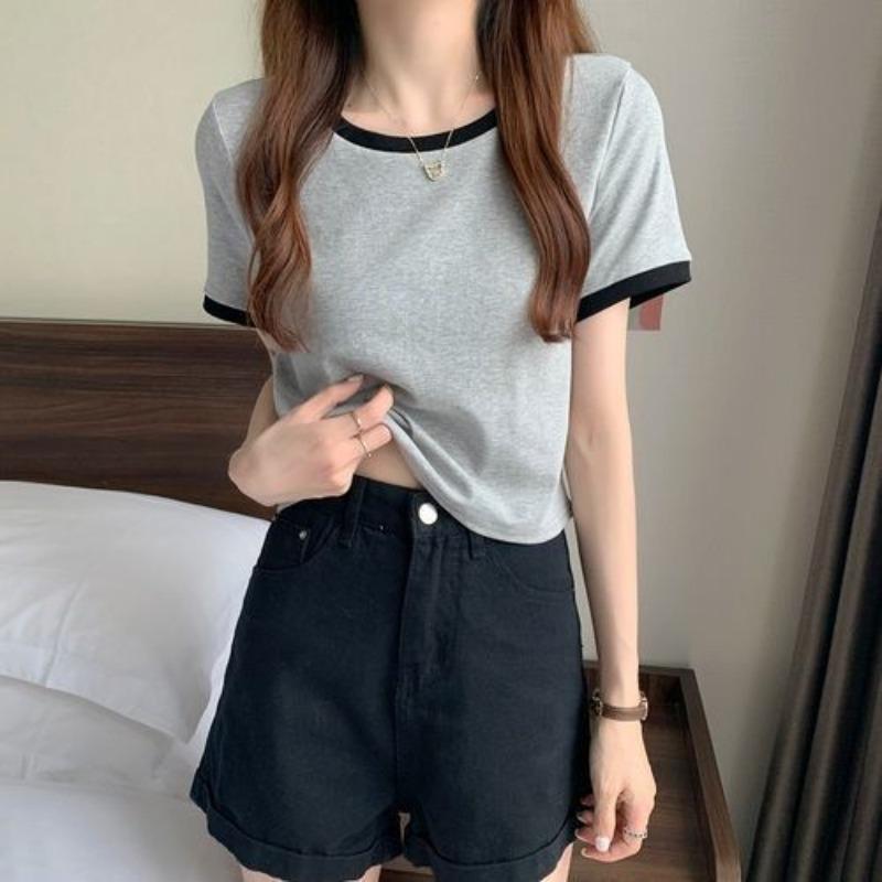 Color Blocking Round Neck Short Sleeved T-shirt for Women's Summer Base Slim Fit Short Student Top Trend Shirt