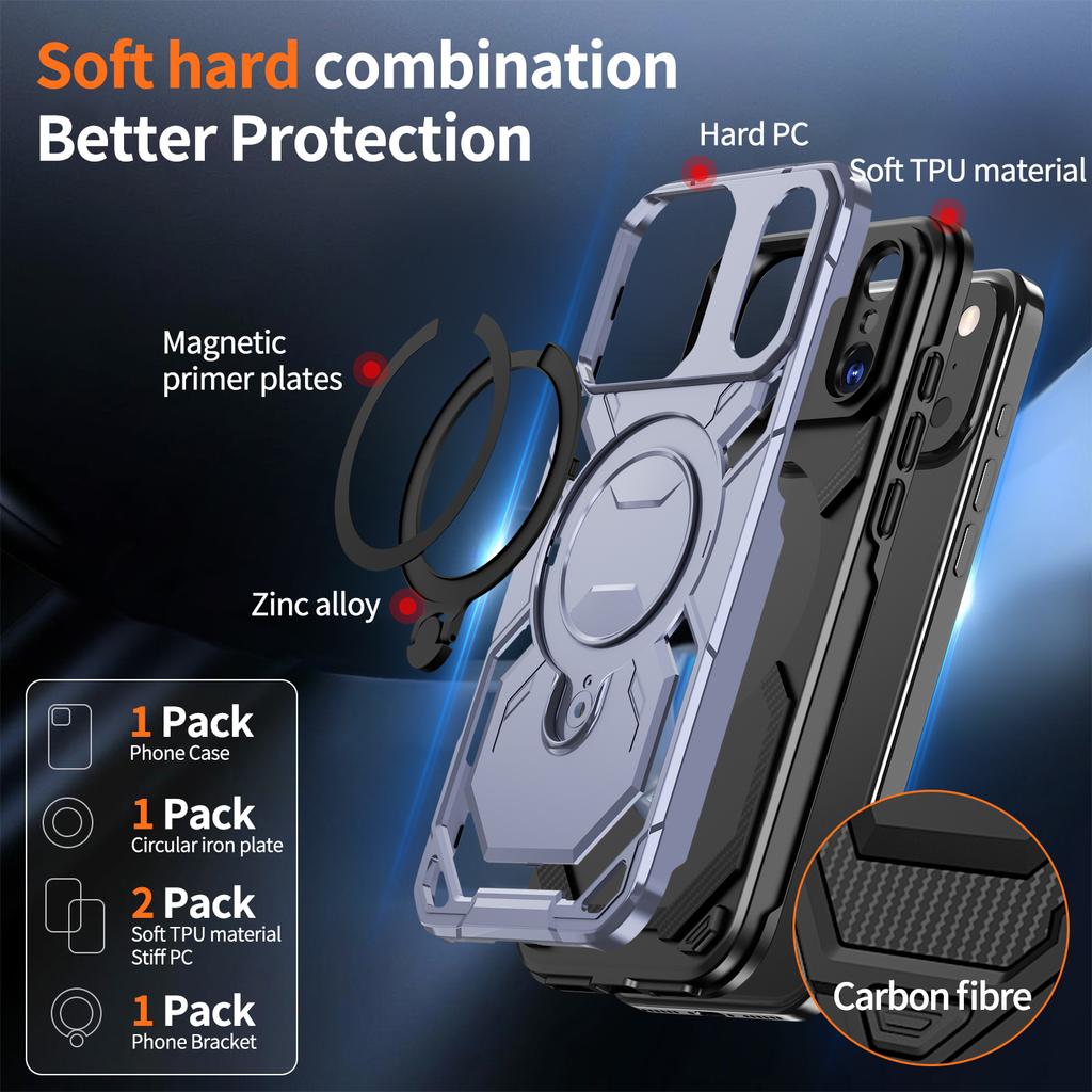 For iPhone 17 Pro Magnetic Case Ring Kickstand PC + TPU Hybrid Phone Cover
