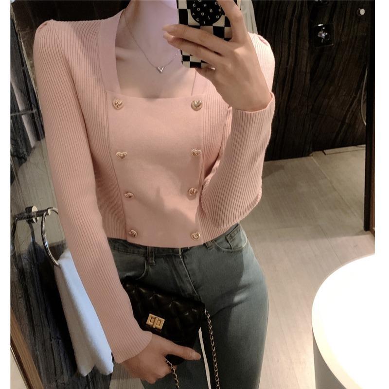 Autumn New Korean Version of Square Neck Dew Collarbone Sweet Long-sleeved Shirt Love Double-breasted Knitted Sweater Women