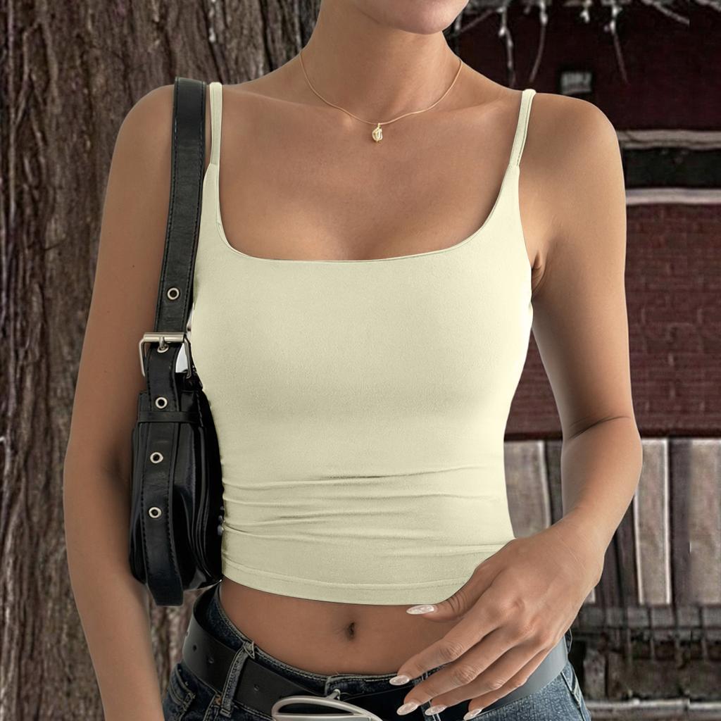 Women's Solid Color Sleeveless Tank Top Slim Fit Square Neck Stretchy Crop Camisole Summer Basic Layering Shirt