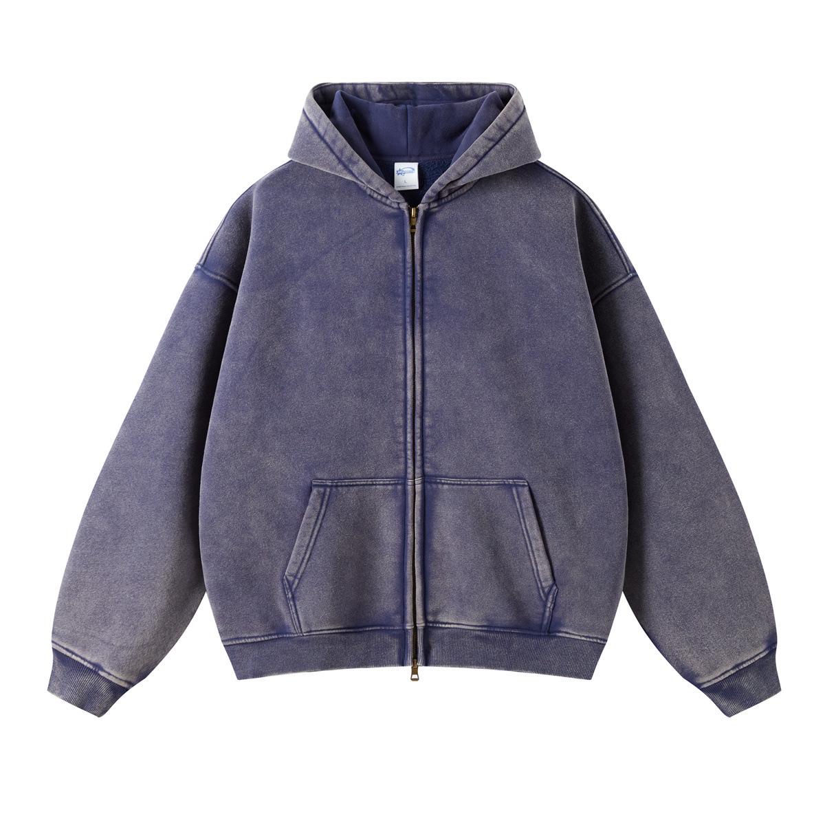 

American Retro Fleece-Lined Windproof Distressed Cardigan with Double Zipper Extra Extra Large