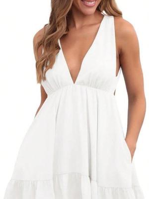 Womens Summer Deep V Neck Ruffle Mini Dress Backless Strappy Beach Dress