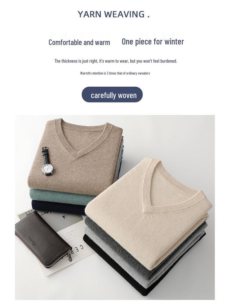 Men's V-Neck 100% Pure Wool Sweater - Solid Color, Short/Long Sleeve, Cashmere Knit Base Layer for Autumn/Winter