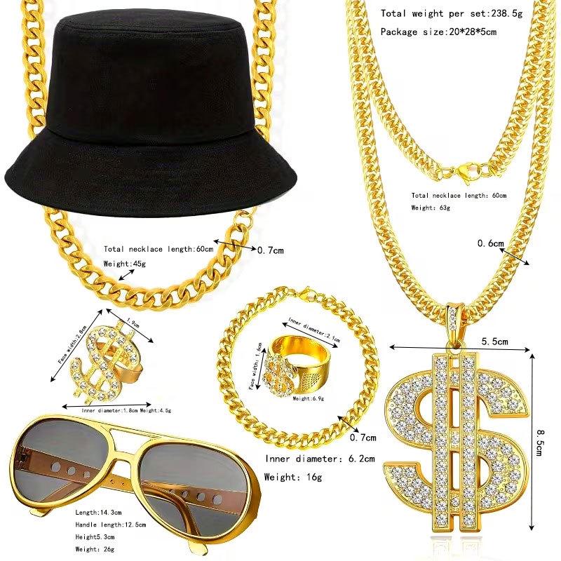 Męski Zestaw Cosplay Hip-Hop Punk: Naszyjnik Dolarowy, Pierścionek, Kapelusz Bucket Hat i Okulary