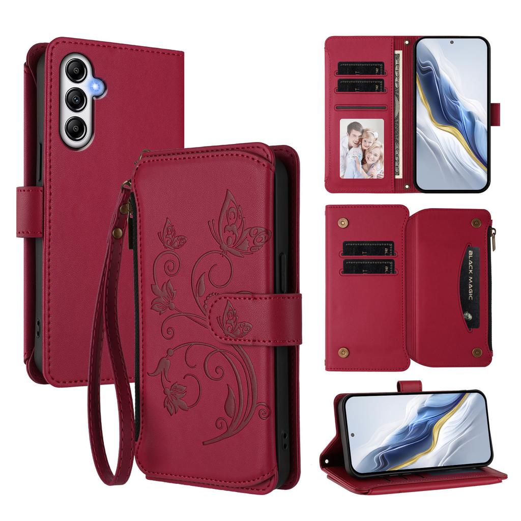 For Samsung Galaxy A56 5G/Galaxy A36 5G Leather Case Butterfly Floral Imprint Zipper Wallet Stand Cover with Wrist Strap