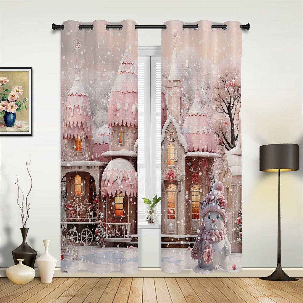 Pink Romantic Snowman Curtains Red Blue Christmas Decor Curtains Living Room Bedroom Kitchen Balcony Window Decor 2 Panels