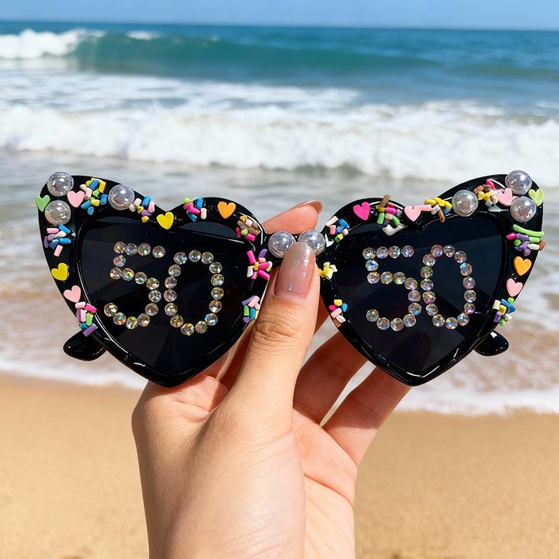 Birthday Party Glasses Fashionable Diamond-Encrusted Digital Pearl Love Men'S And Women'S Decorative Photo Sunglasses
