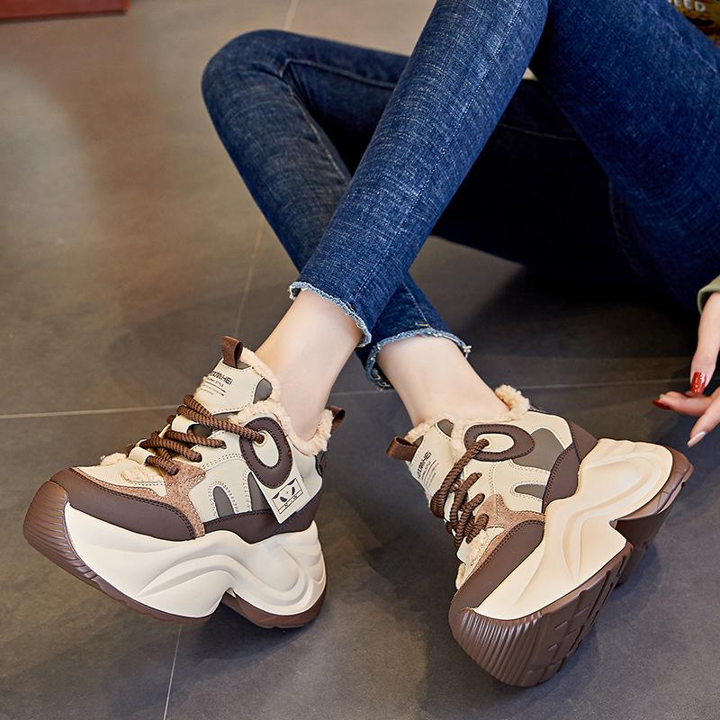 Fashion 8cm Genuine Leather Winter Vulcanized Sneakers Women Autumn Platform Wedge Ankle Booties Spring Lace Up Hidden Heels Shoes