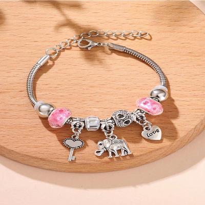 Handmade Beaded Bracelet with Elephant and Heart Key Pendant Featuring Crystal Heart Charms