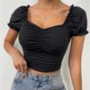 Square Necked Bubble Sleeve Top French style Square Shirt Women Sexy Low Cut Waist Hugging Top