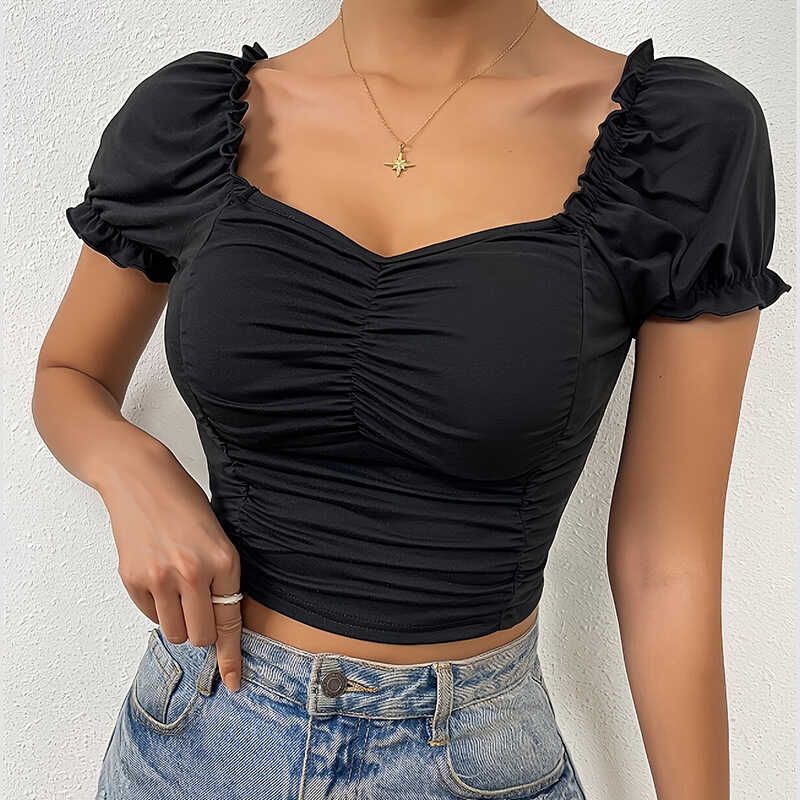 Square Necked Bubble Sleeve Top French style Square Shirt Women Sexy Low Cut Waist Hugging Top