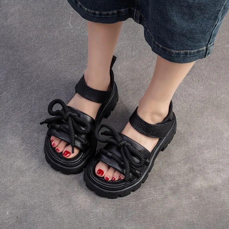 Johnature Versatile Peep Toe Hook & Loop Sandals Retro Genuine Leather Thick Soled Women's Shoes