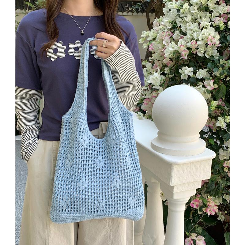 Mori hollow flower knitted shoulder bag large capacity woven tote bag seaside vacation handbag