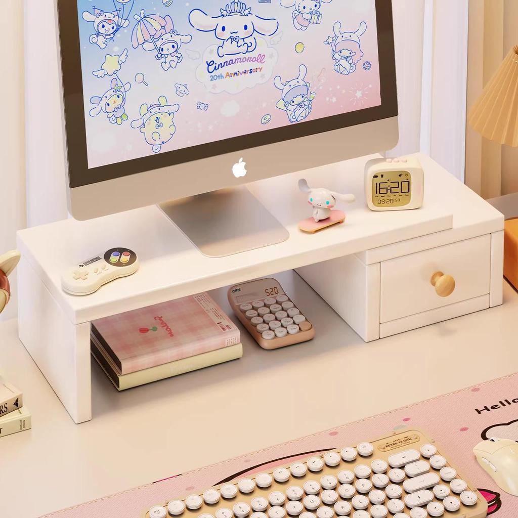 White Computer Monitor Stand with Drawer - Desk Riser for Girls