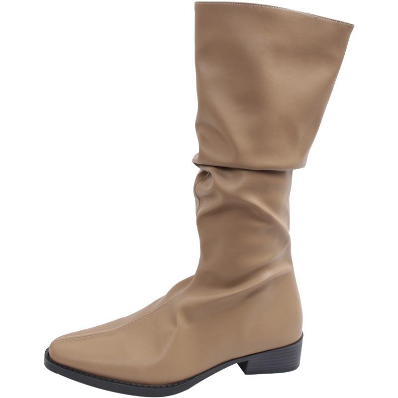 Black retro pointed thick heel boots women's 2025 new summer small man but knee thin pile boots