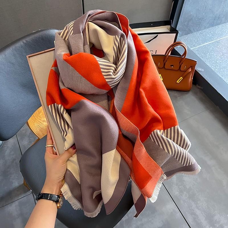 Luxury  Cashmere Women Stripe Scarf Winter Warm Shawl And Wrap Bandana Pashmina Female Foulard Square Thick Blanket Poncho