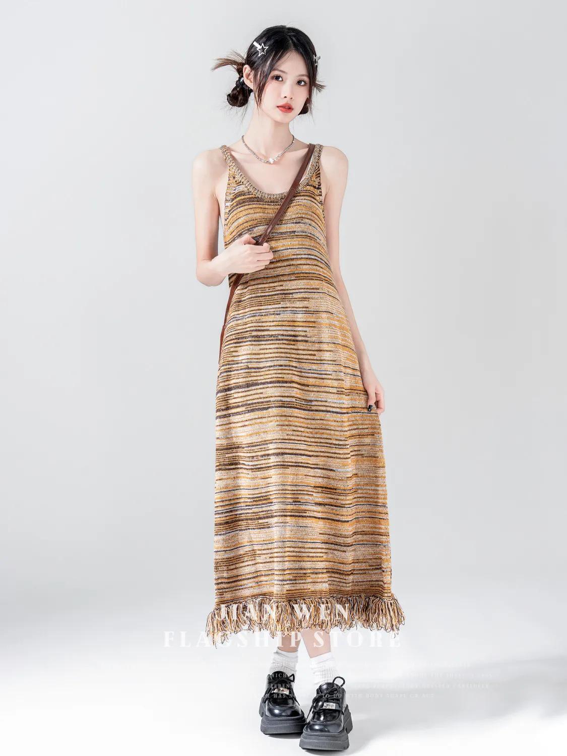 

Women s Retro Striped Color Block Tassel Dress - Slim Fit Waist, Autumn 2025 One Size [Premium Version] хаки