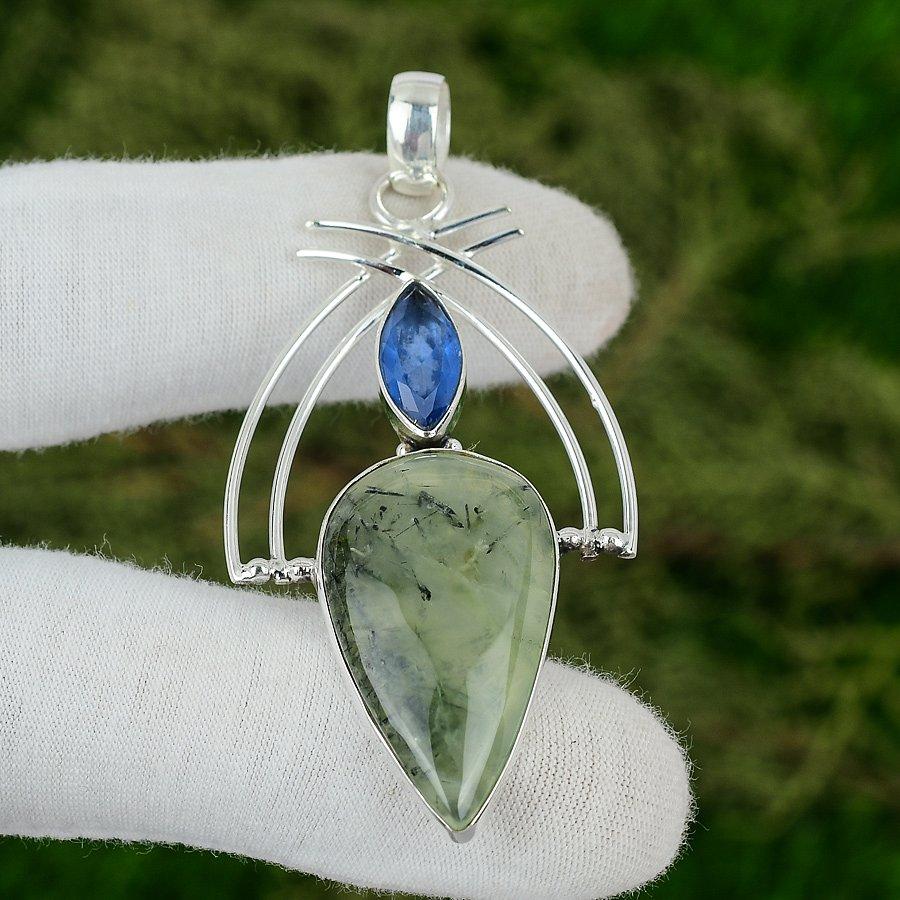 

925 Silver Natural Moss Prehnite Swiss Blue Topaz Bezel Engagement Wife Pendant