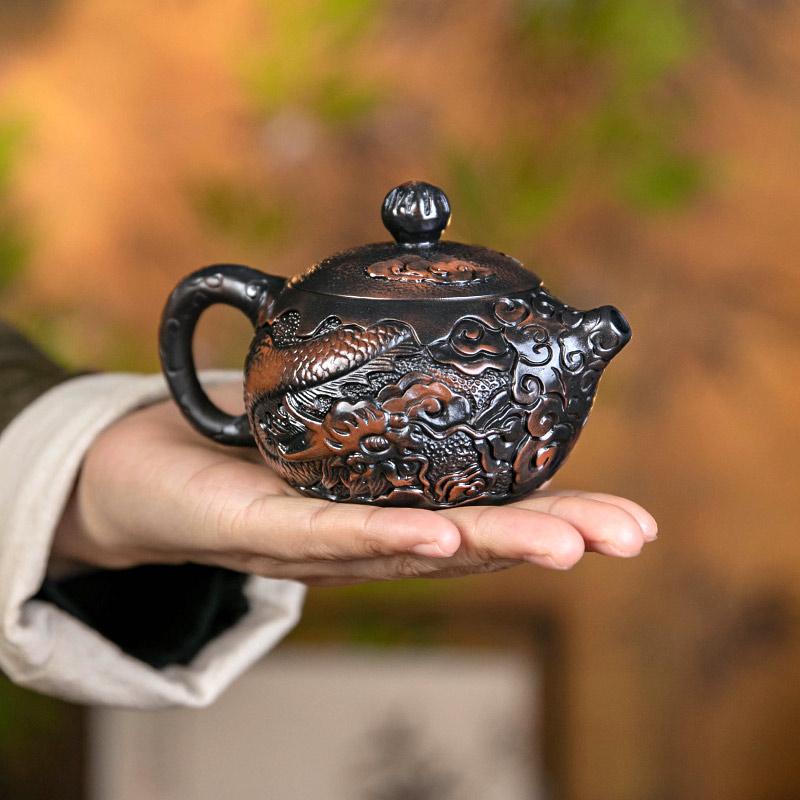 Purple Pottery Vintage Handmad Teapot Ceramic Carve Kung Fu Teapot Single Teapot Pu'er Tea Making Tea Sets Chinese Tea Pot