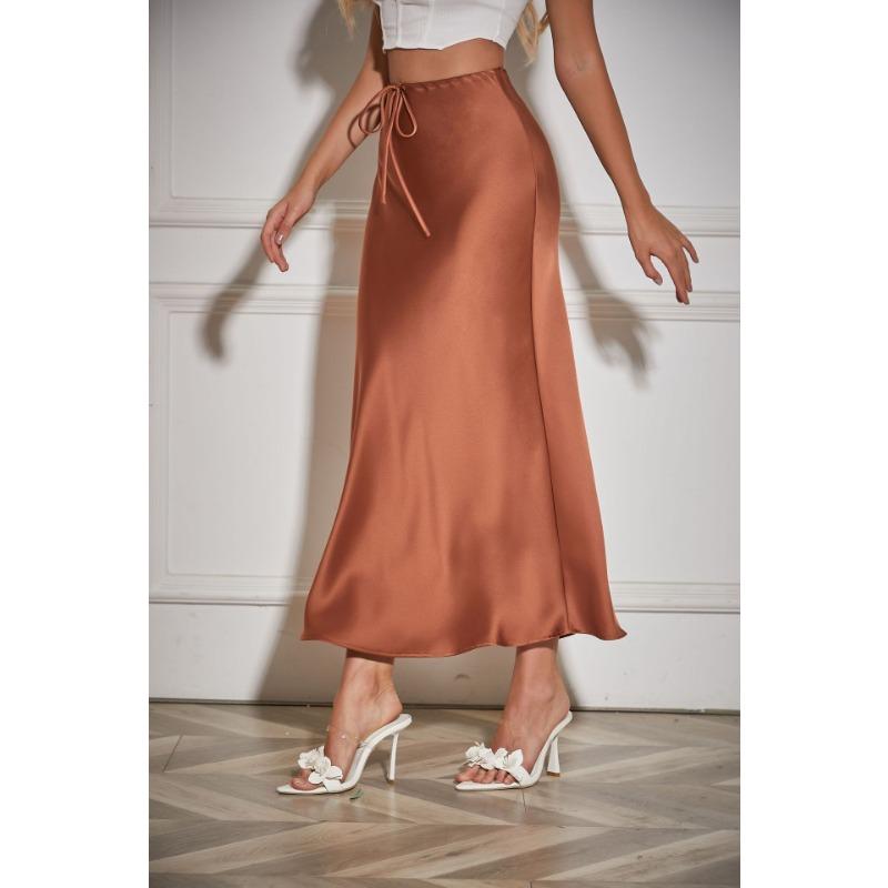 Waist Tie High Satin Drawstring Solid Color Halter Skirt