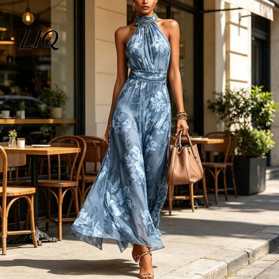 Casual Loose Fit Dress Floral Chiffon for Women, Halter Sleeveless Ruched Maxi Off-shoulder Dress, Turtle Neck Wedding Guest Cocktail Evening