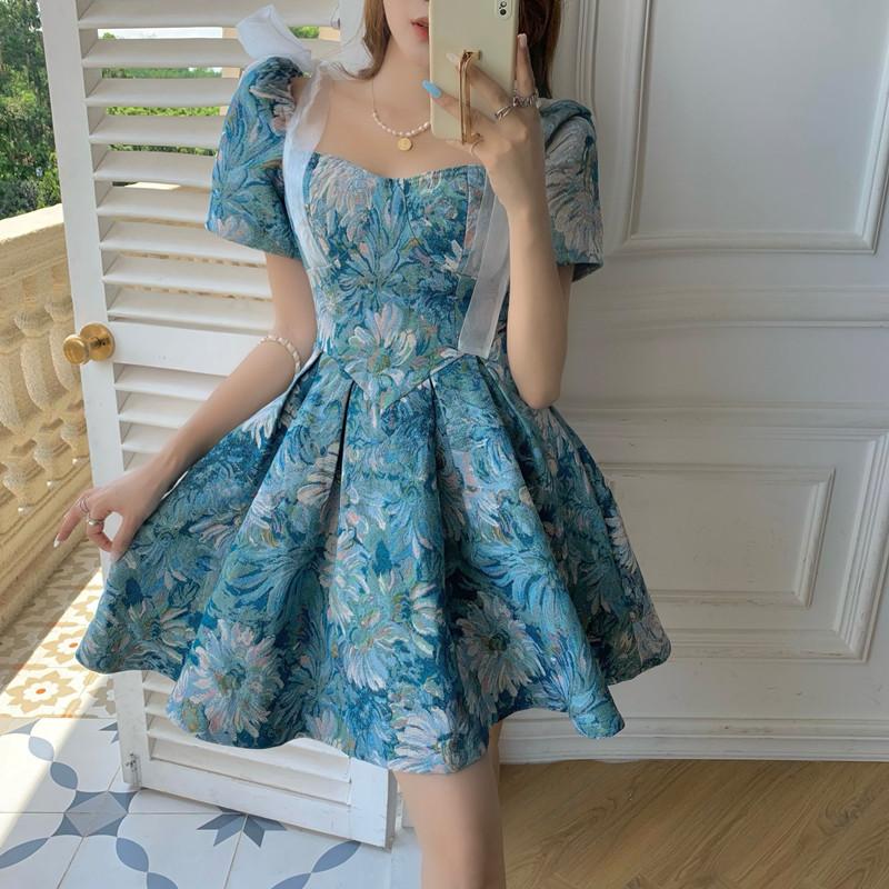 

Summer New Bow Short-sleeved Waist Puffy Dress for Women 2XL