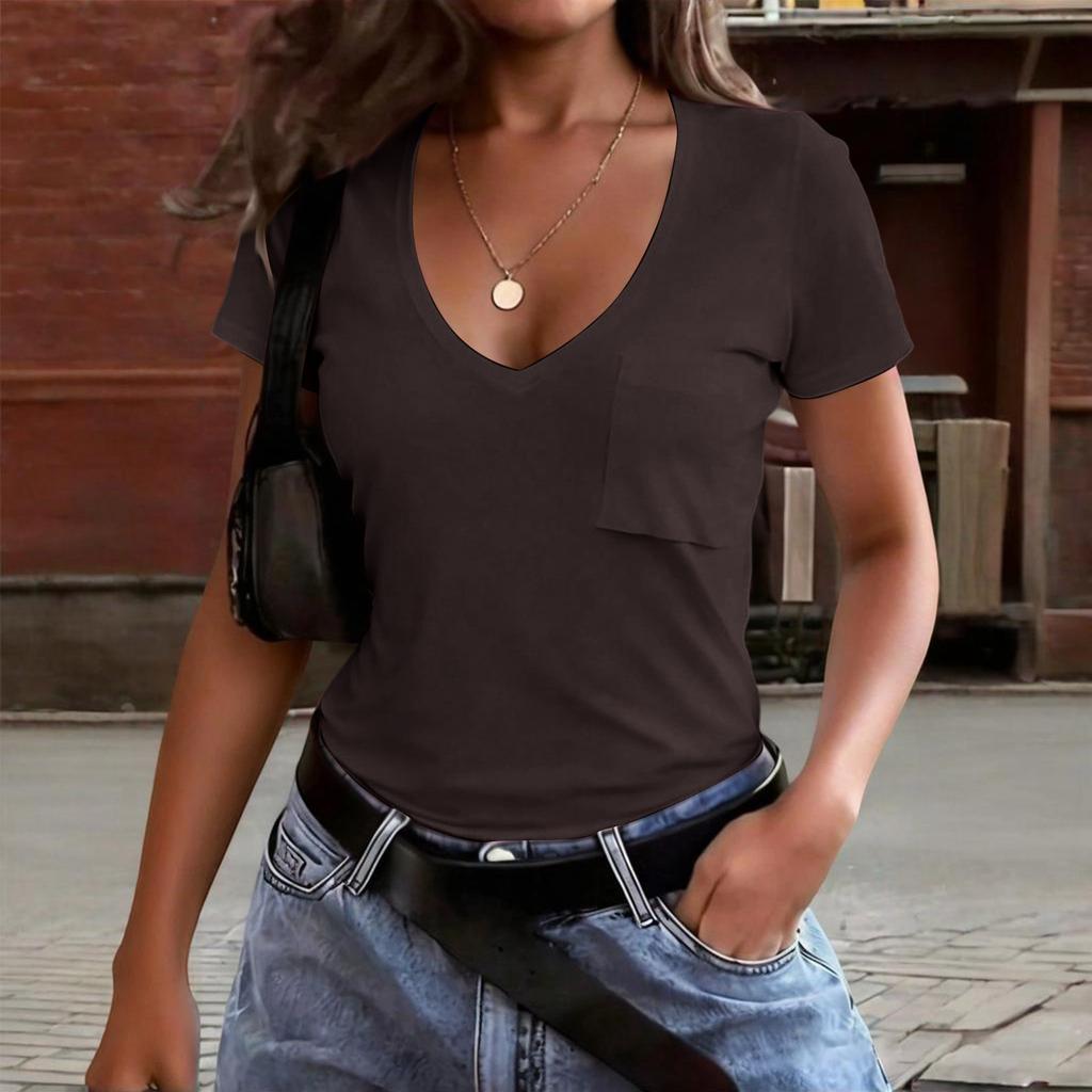 Womens Short Sleeve V Neck T Shirt with Pocket Casual Basic Loose Fit Tee Soft Lightweight Fabric Top