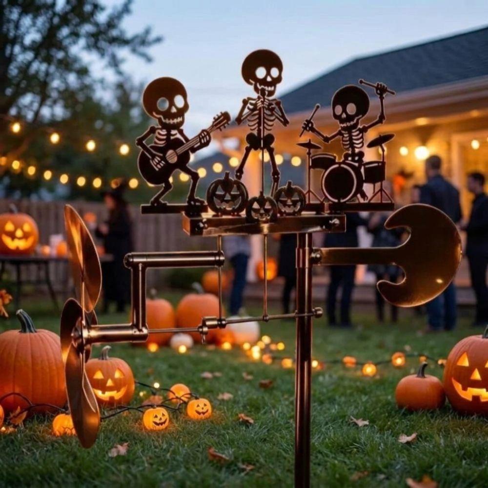 Vinddriven Halloween-skelett Metalltrummis Vind Tung Tålig Musikalisk Skalle Trädgårdsinsats Gård