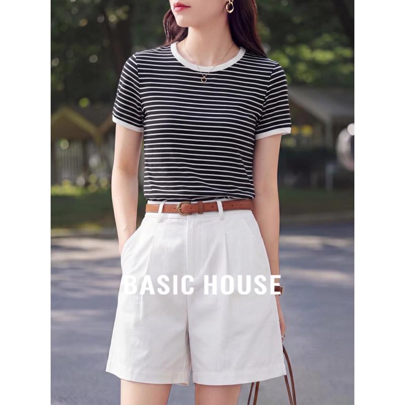 Basic House Women s Contrast Stripe Pure Cotton Crew Neck T-Shirt L
