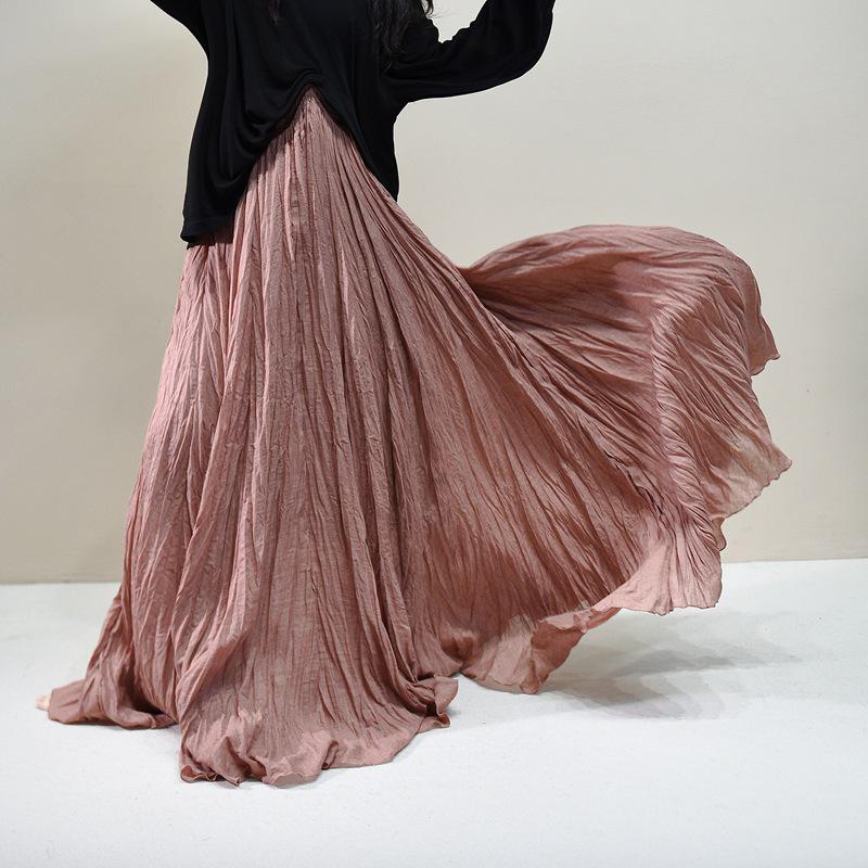 Pleated Cotton Linen Textured Midi Skirt, Women's Spring/Summer 20256 Collection, Large Hem, Floor-Length, Simple Design.