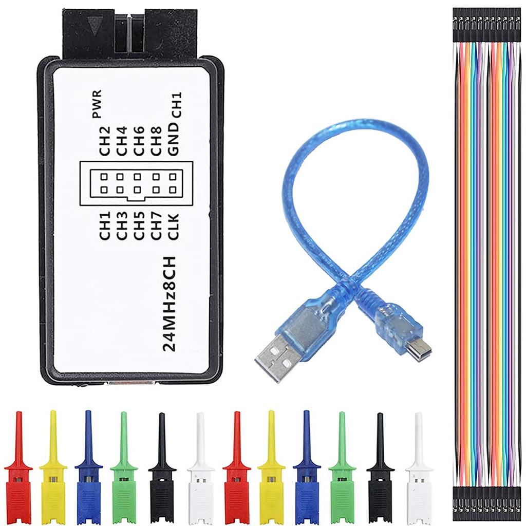 Urządzenie analizatora logicznego USB Youmile 24MHz 8 kanałów UART IIC SPI Debugowanie Mini kabel USB Kabel Dupont 6 kolorów Zestaw klipsów testowych z haczykami do Arduino FPGA M100 SCM
