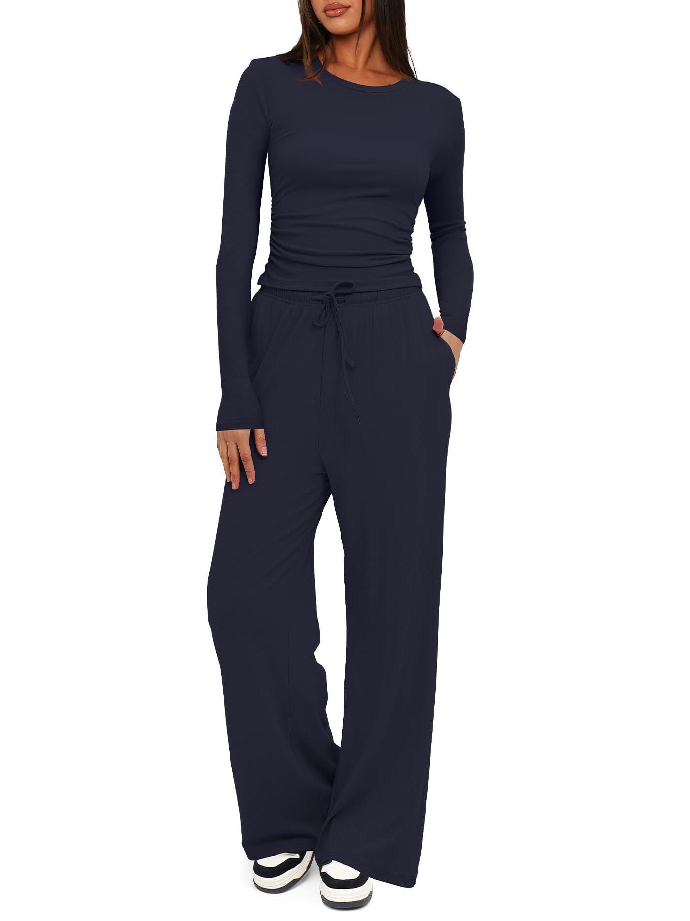 

2025 Solid Color Casual Long Sleeve Top & High Waist Wide Leg Pants Set Small темно-синього кольору